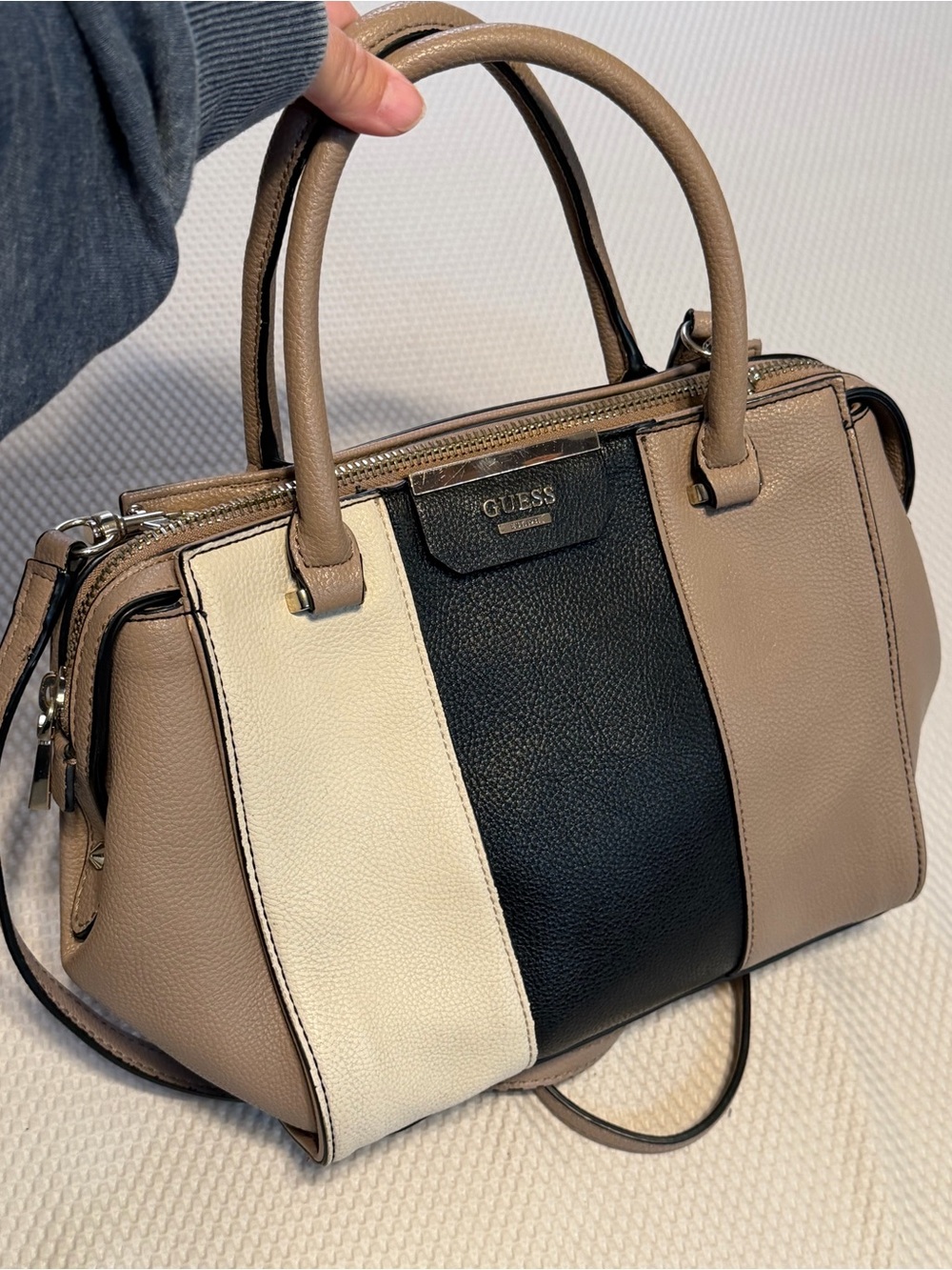 GUESS Ryann Satchel Colorblock Crossbody Handbag Beige Black Cream - Picture 1 of 16
